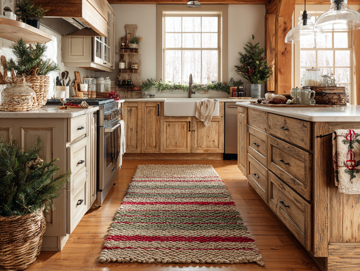Rustic kitchen details including wax melt warmer, seasonal dish towels, and cozy red and green rug runner