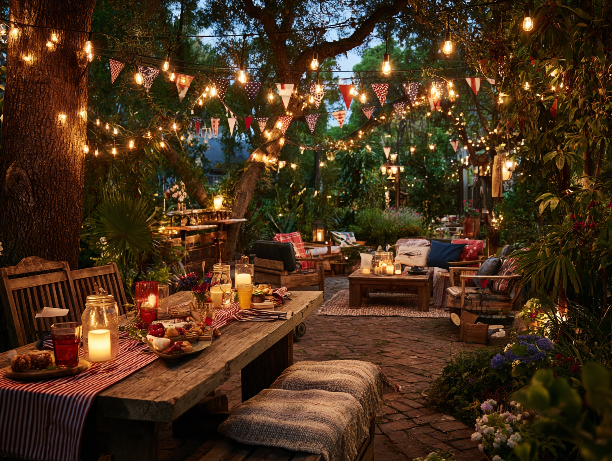 4th of July backyard party ideas — cozy outdoor seating with throw blankets and citronella candles