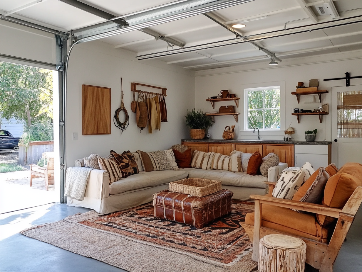 Garage man cave setup with comfortable sectional seating and ottomans for the ultimate relaxation space - create your perfect retreat now!