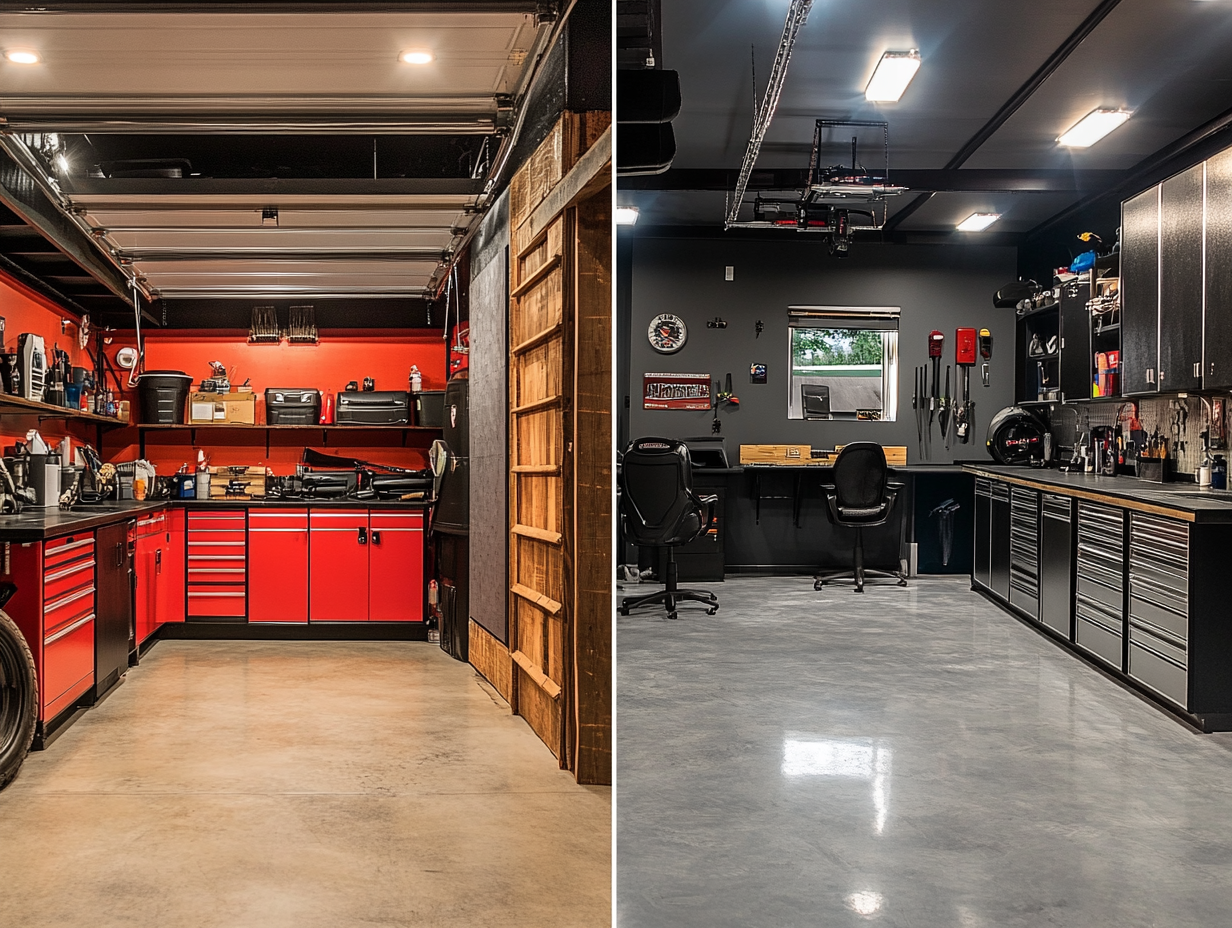 Garage man cave setup before and after transformation showing cluttered storage space becoming organized retreat - discover your garage's potential now!
