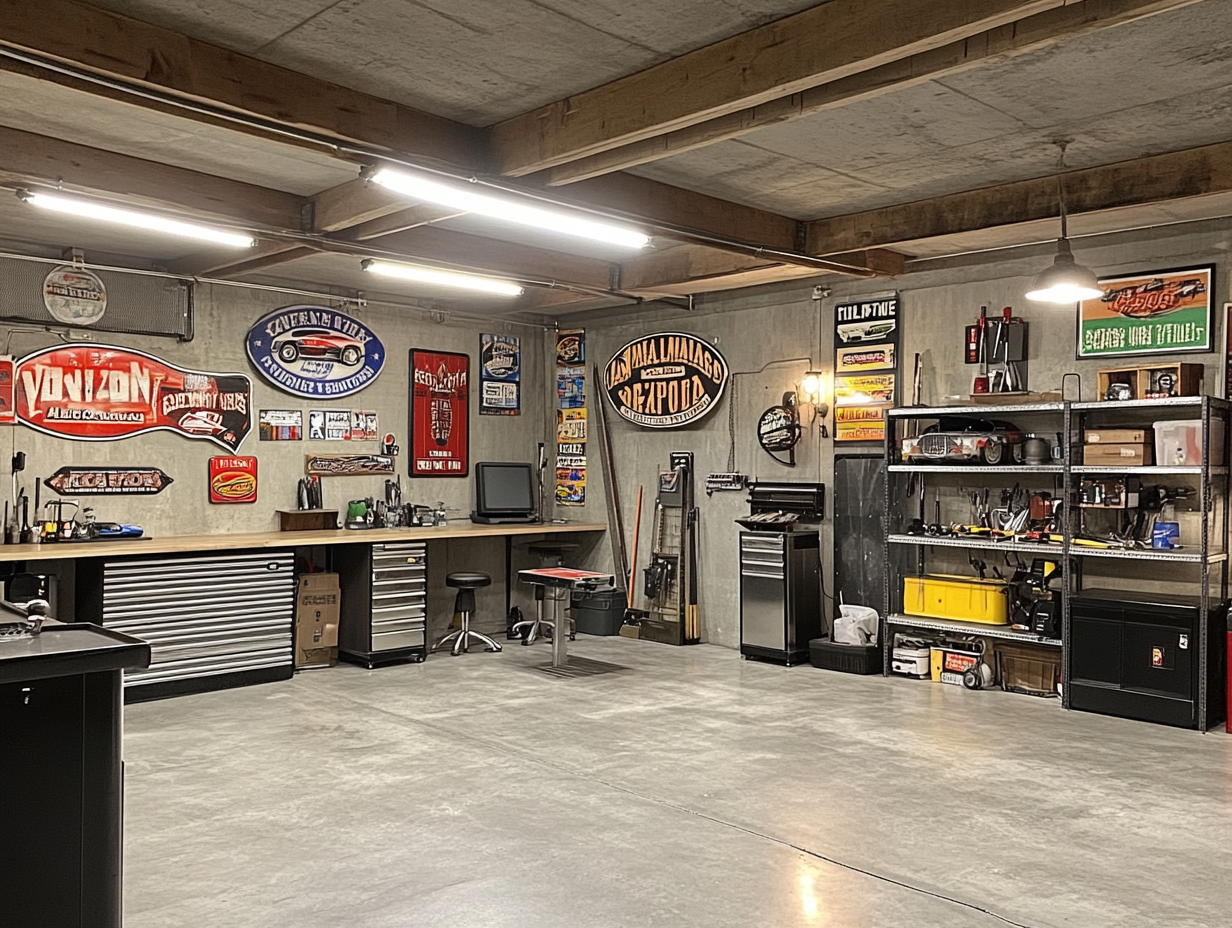Garage makeover ideas showing personalized decor with vintage signs and hobby displays - make your space uniquely yours today!