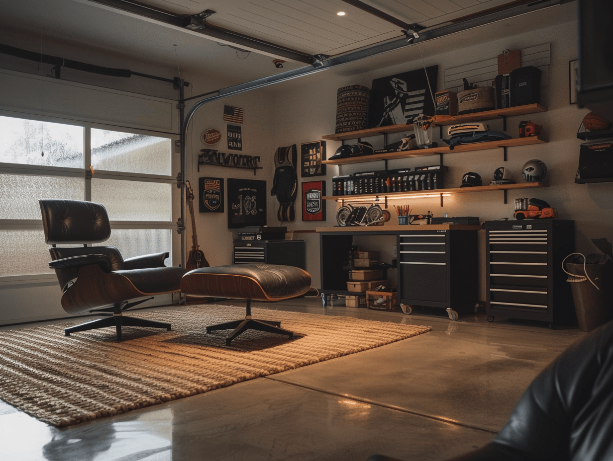 Garage man cave with polished epoxy floors, rubber tiles near the workbench, and a neutral rug under leather seating.