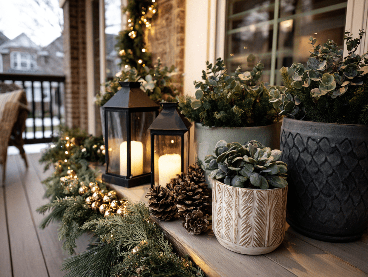 Outdoor porch styled with bells in garland, scented pine accents, and a hidden speaker playing soft Christmas music near lanterns and porch pots