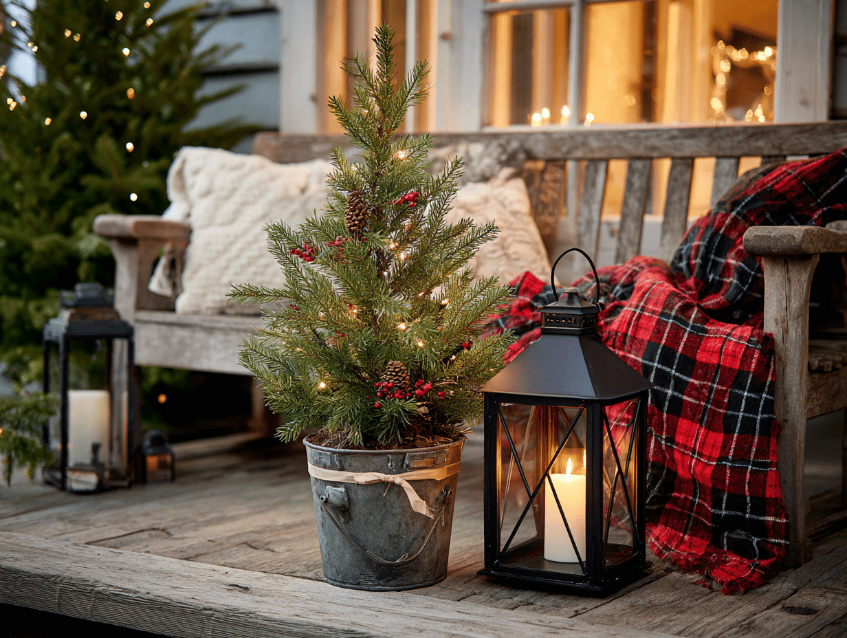 Small pre-lit Christmas tree in a rustic bucket, decorated with ribbon and pinecones, styled beside a porch bench and lantern