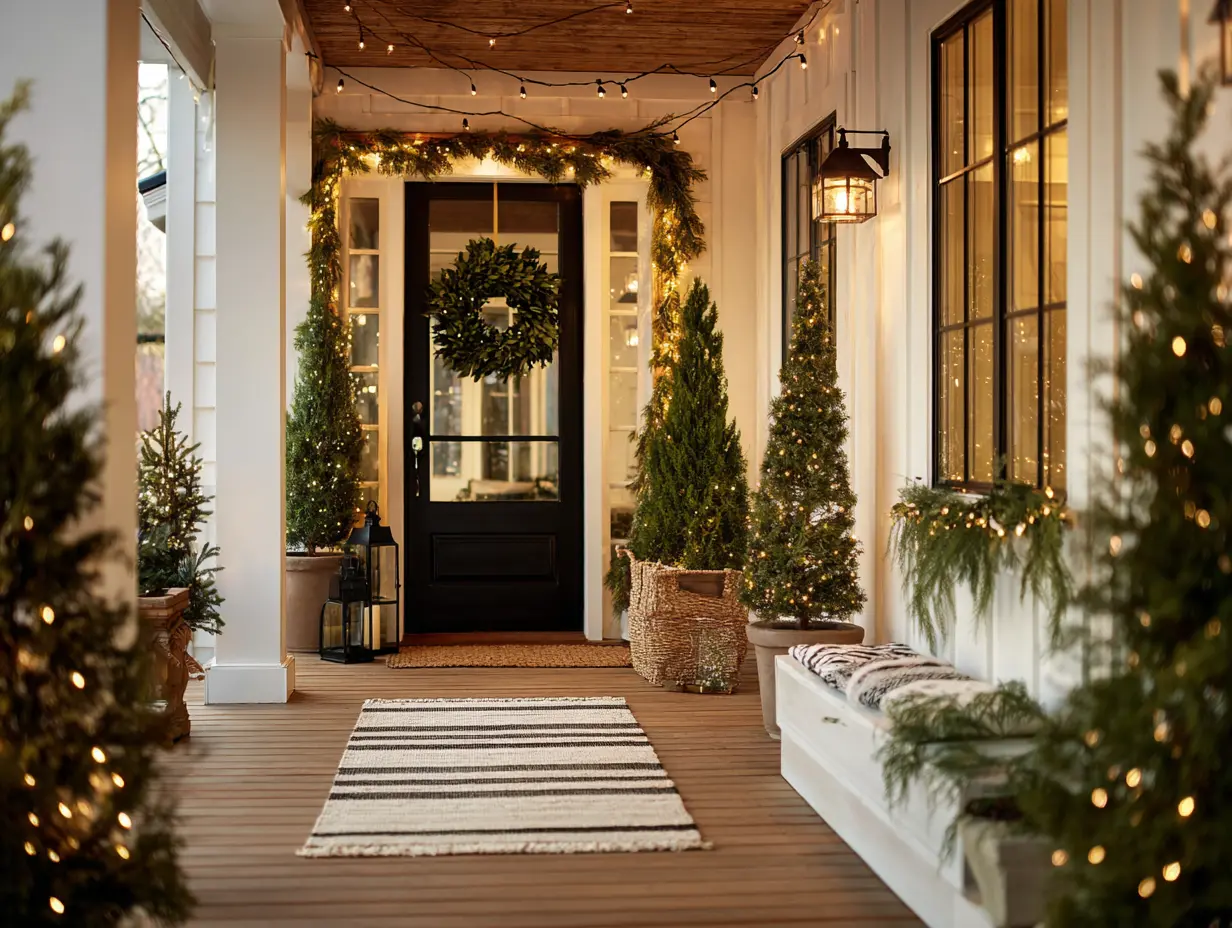 Christmas Porch Decorations That Make a Statement with a slightly tangled light strand, worn doormat, and minimal holiday decor, contrasted by bold styling updates like pre-lit trees, layered mats, and a festive wreath — capturing the before-and-after glow-up of realistic Christmas porch decorating.