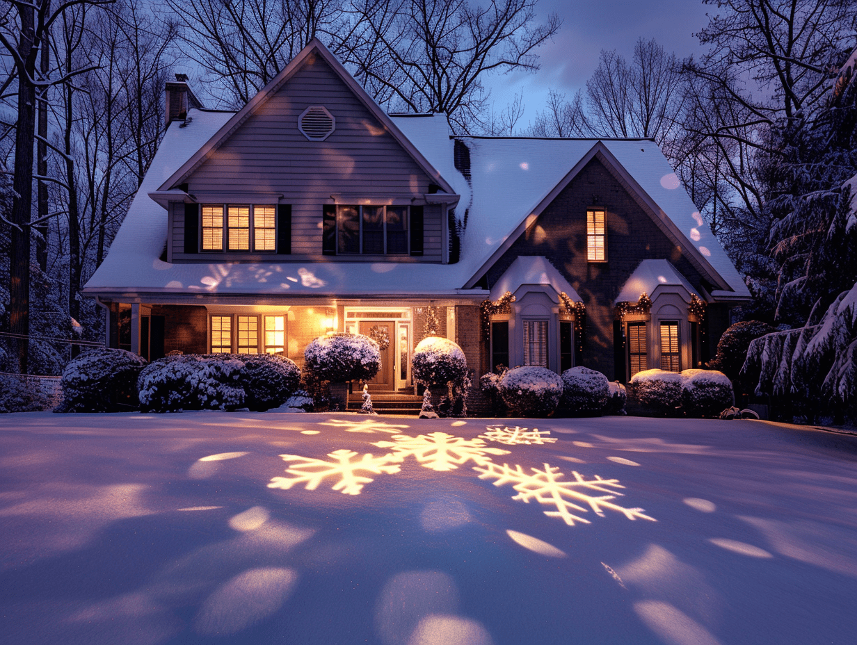 Bold outdoor LED projector casting snowflake patterns onto a house exterior with festive yard accents, bushes lit with multicolored LEDs.