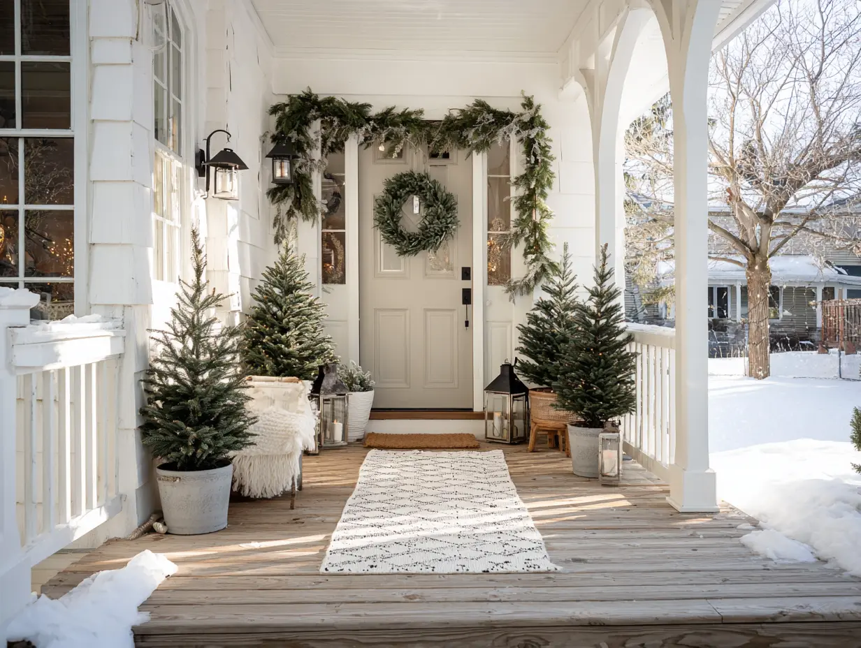 Rental-friendly Christmas porch with over-the-door wreath hook, command-strip garland, layered doormats, and potted trees styled without nails or permanent fixtures.