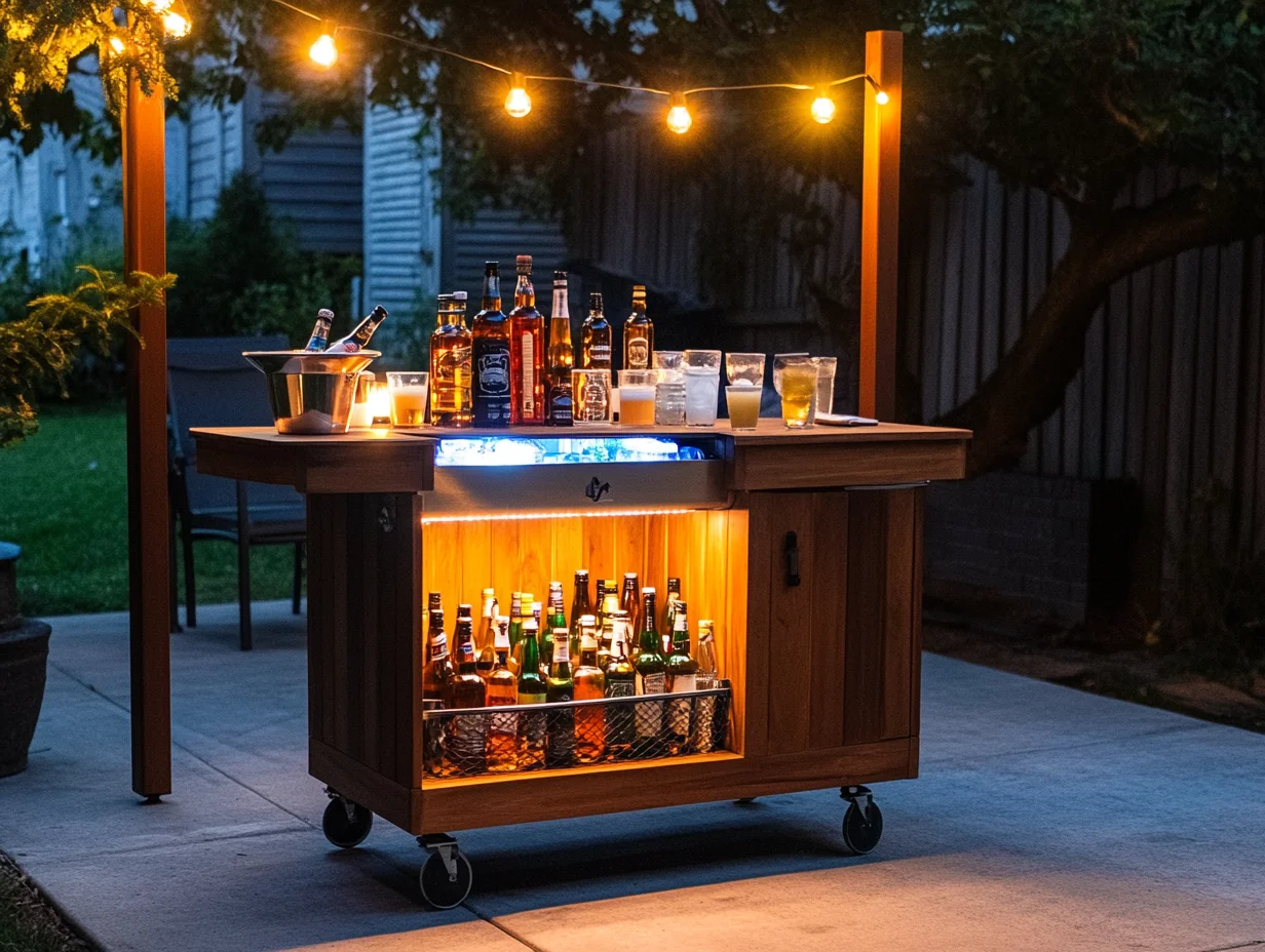 Outdoor man cave ideas with ice chest and rolling bar cart drink station — pin this backyard man cave drink setup for inspiration!
