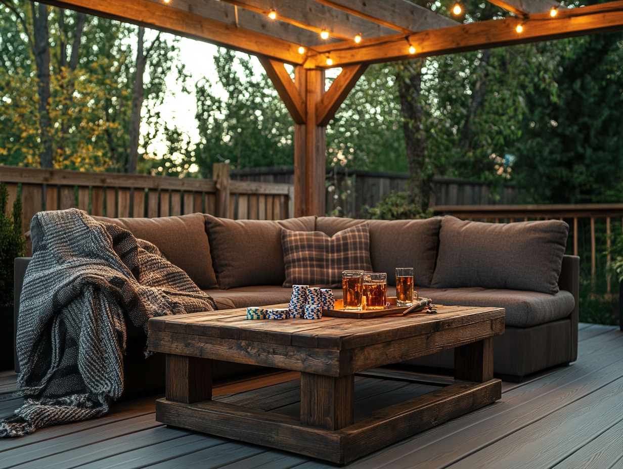 Deep-cushioned patio sectional in a rustic outdoor man cave — pin this backyard man cave seating setup with bar vibes!