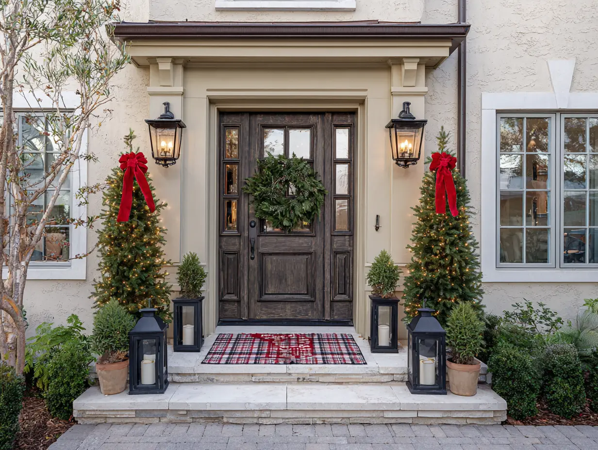 Slim pre-lit topiary trees with red bows flanking a small front stoop decorated with layered doormats, outdoor lanterns, and a wreath on the door, styled for Christmas in bold traditional colors.