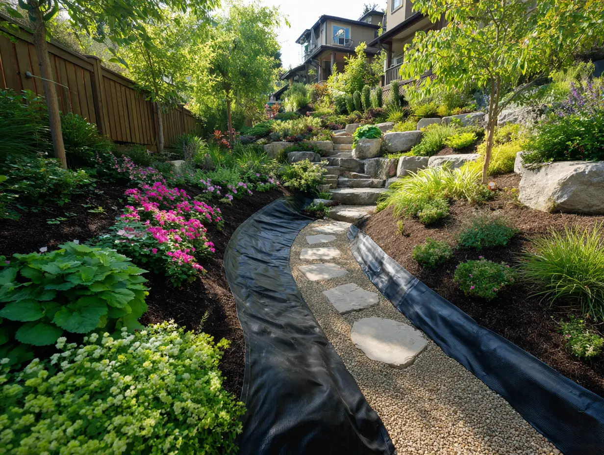 Sloped backyard with erosion control blanket on problem area, surrounded by lush ground cover and safe stone path access, bright daylight, bold colors, clean landscaping design