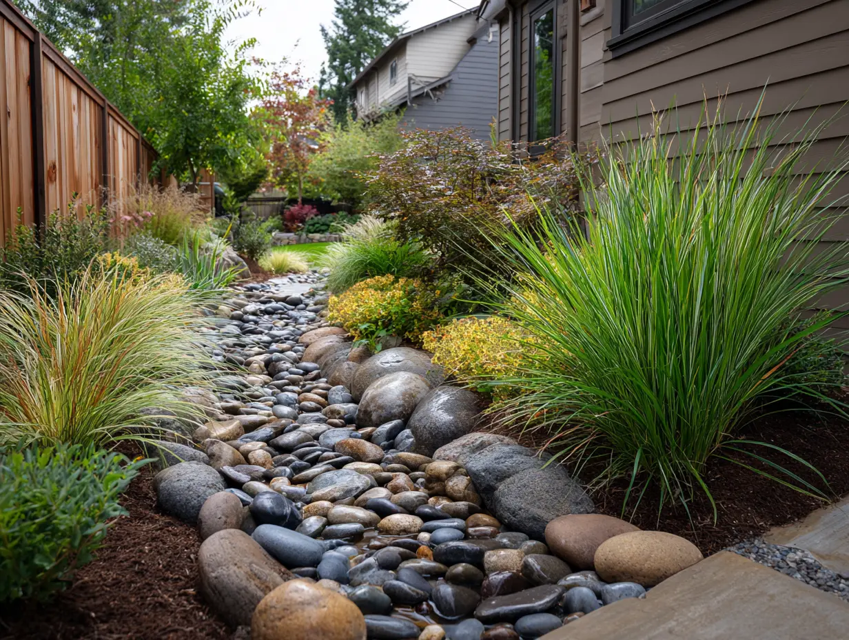 Sloped backyard with rain garden, ornamental grasses, and dry creek bed lined with river rocks.