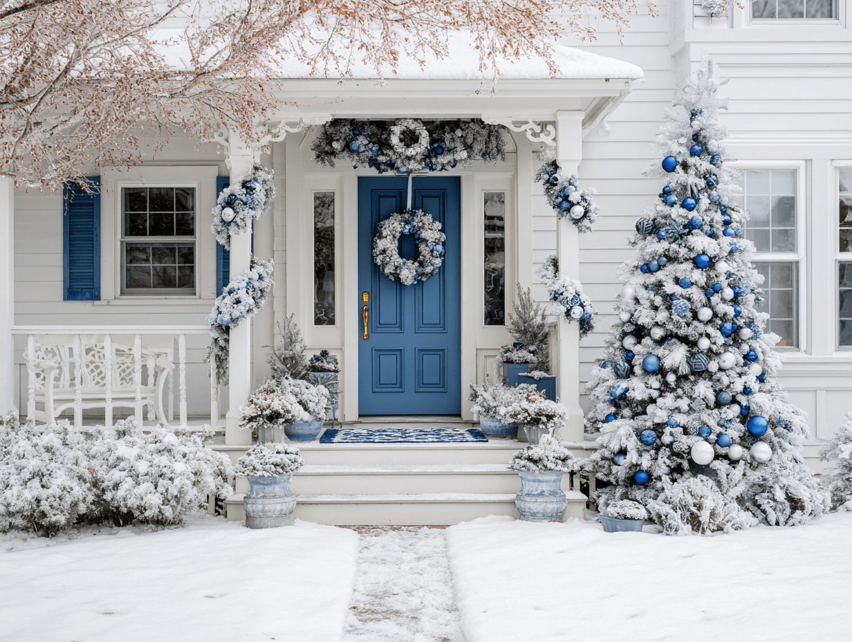 Snow-covered Christmas front porch with blue front door, wreath, garland-wrapped columns, and decorated Christmas tree with blue and white ornaments