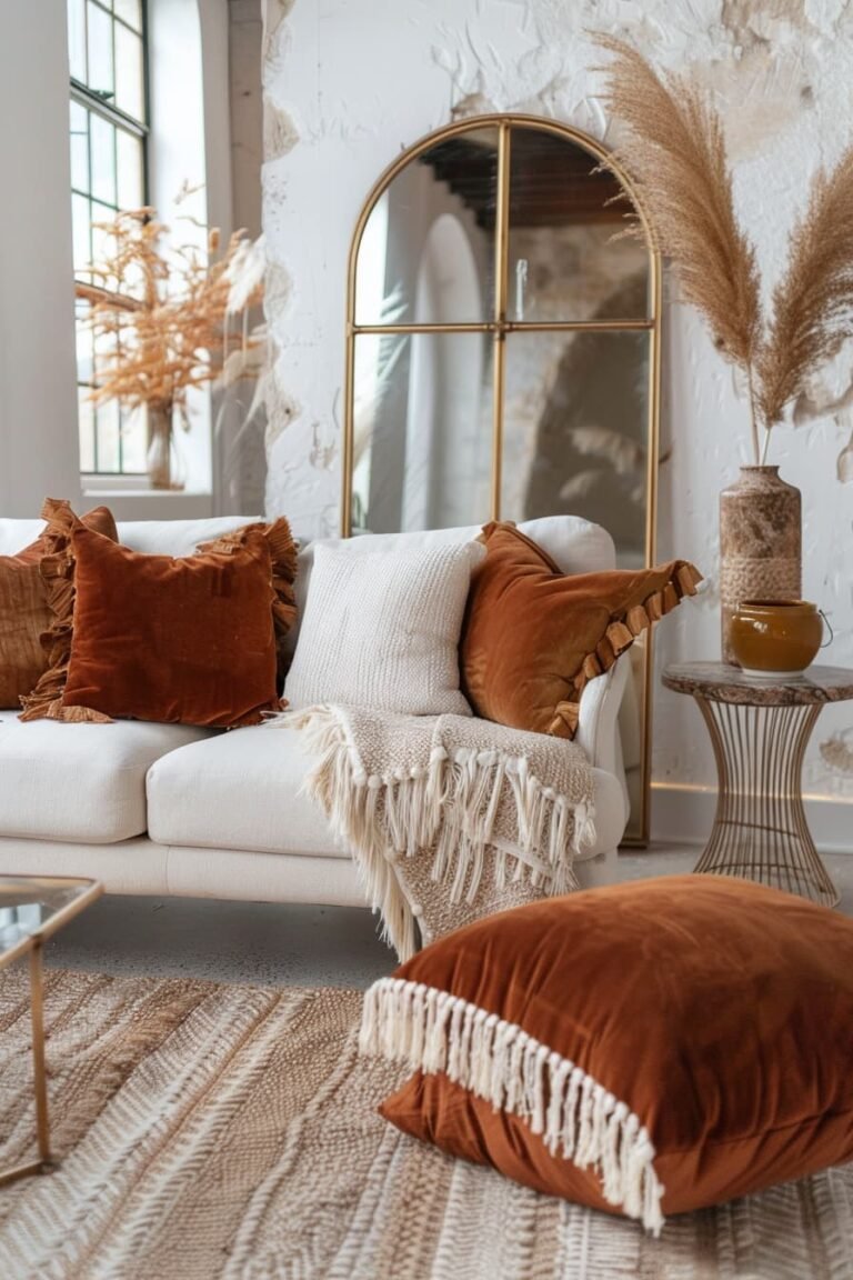 Neutral fall living room with rust velvet pillows, textured knit throw, arched gold mirror, and warm layered accents in an inviting, earthy palette.