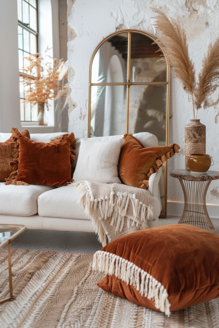Neutral fall living room with rust velvet pillows, textured knit throw, arched gold mirror, and warm layered accents in an inviting, earthy palette.