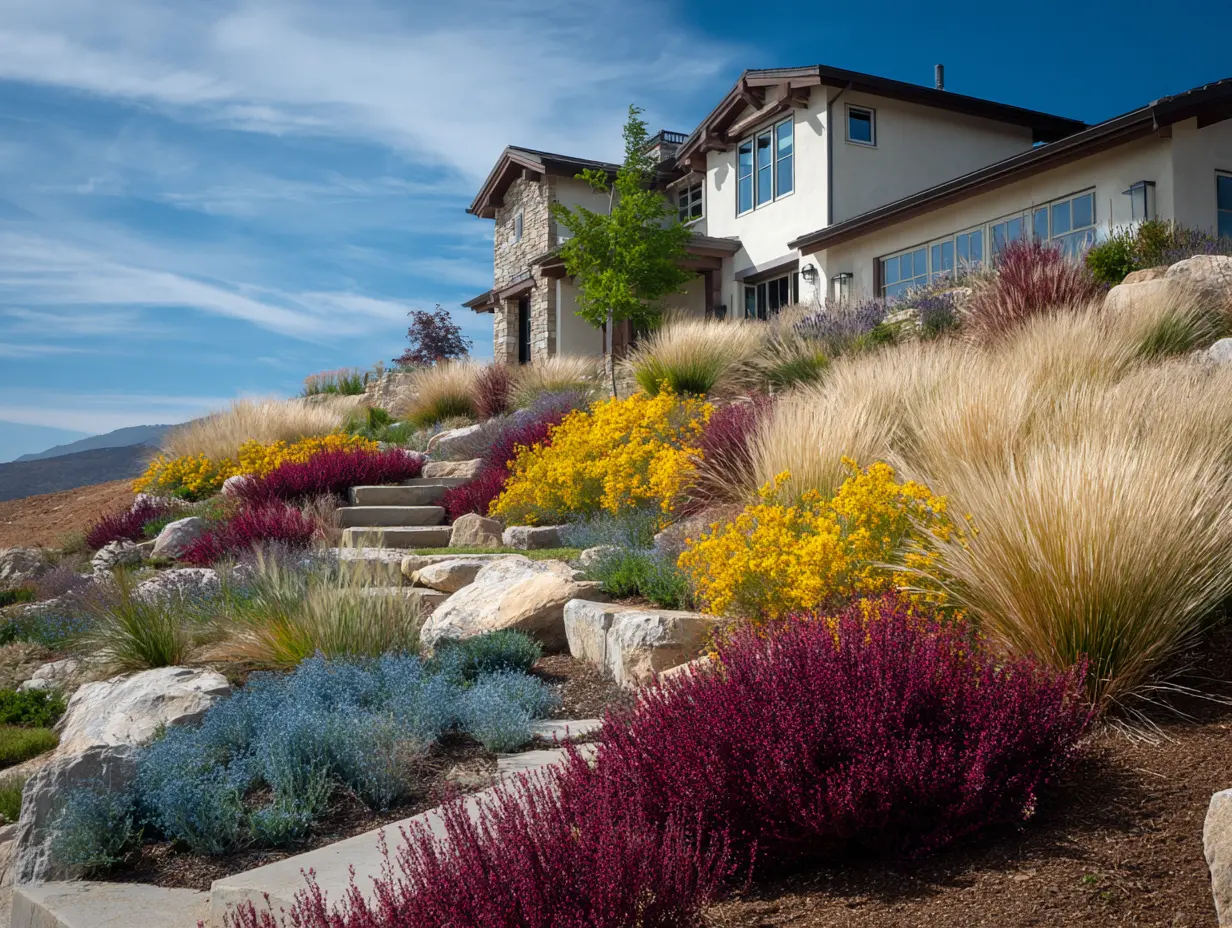 Sunny hillside planted with native shrubs, ornamental grasses, and colorful perennials, designed for erosion control and low maintenance, bold colors, bright daylight, clean modern landscape style