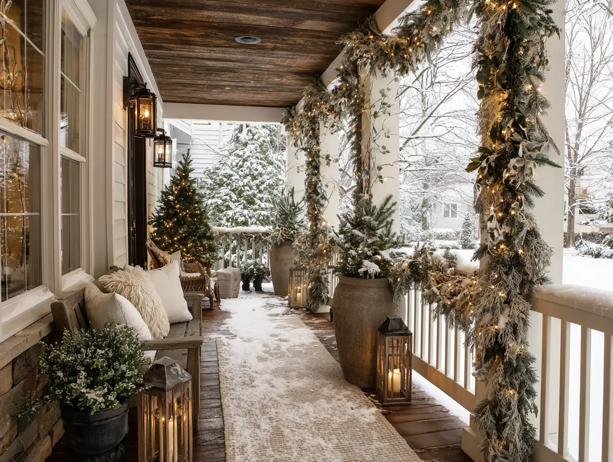 Weatherproof Christmas porch with UV-resistant garland, waterproof LED lights wrapped around the railing, and durable outdoor-safe decorations that stay up through wind and snow.