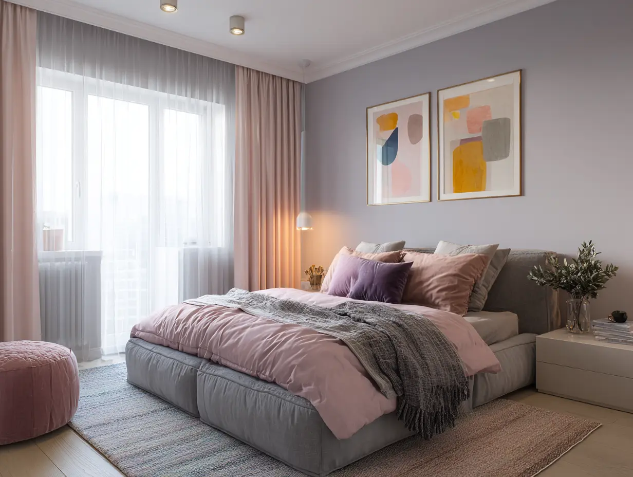 Serene bedroom painted in pale lavender-gray with colorful decor, soft light filtering through sheers,  with calm energy.
