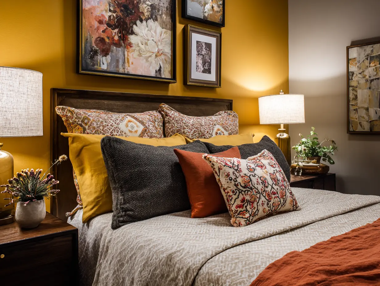Bold creamy walls with olive and mustard accents, graphic throw pillows, textured textiles, ambient lighting, layered with modern design elements.