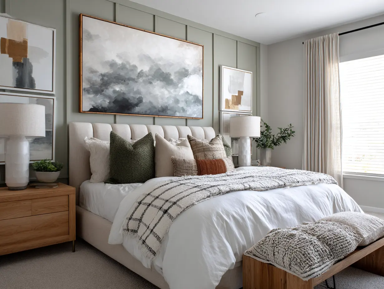 Bold sage and warm gray bedroom, statement headboard, crisp white bedding, large-scale abstract art, modern wood accents, soft but bright lighting.