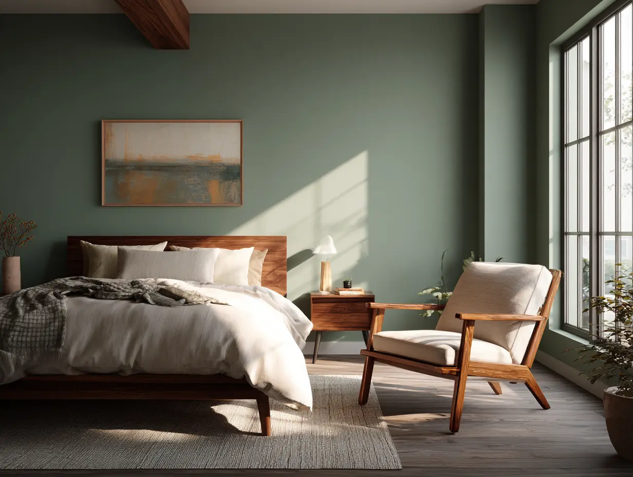 Bold sage green walls, off-white high-contrast bedding, warm wood furniture, sharp lighting contrast, bold angles, peaceful modern space.