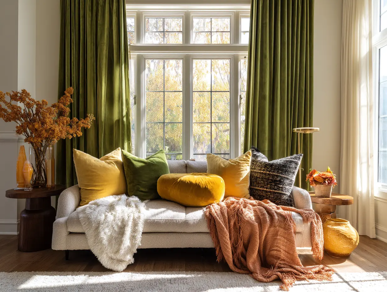 Fall living room window with velvet curtains in olive green, layered lighting, and seasonal home decor accents.