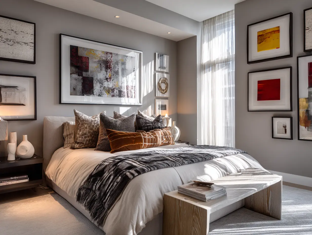 Compact bold bedroom design, soft greige walls with high-contrast furniture, sleek bed styling, directional lighting, dramatic shadows.