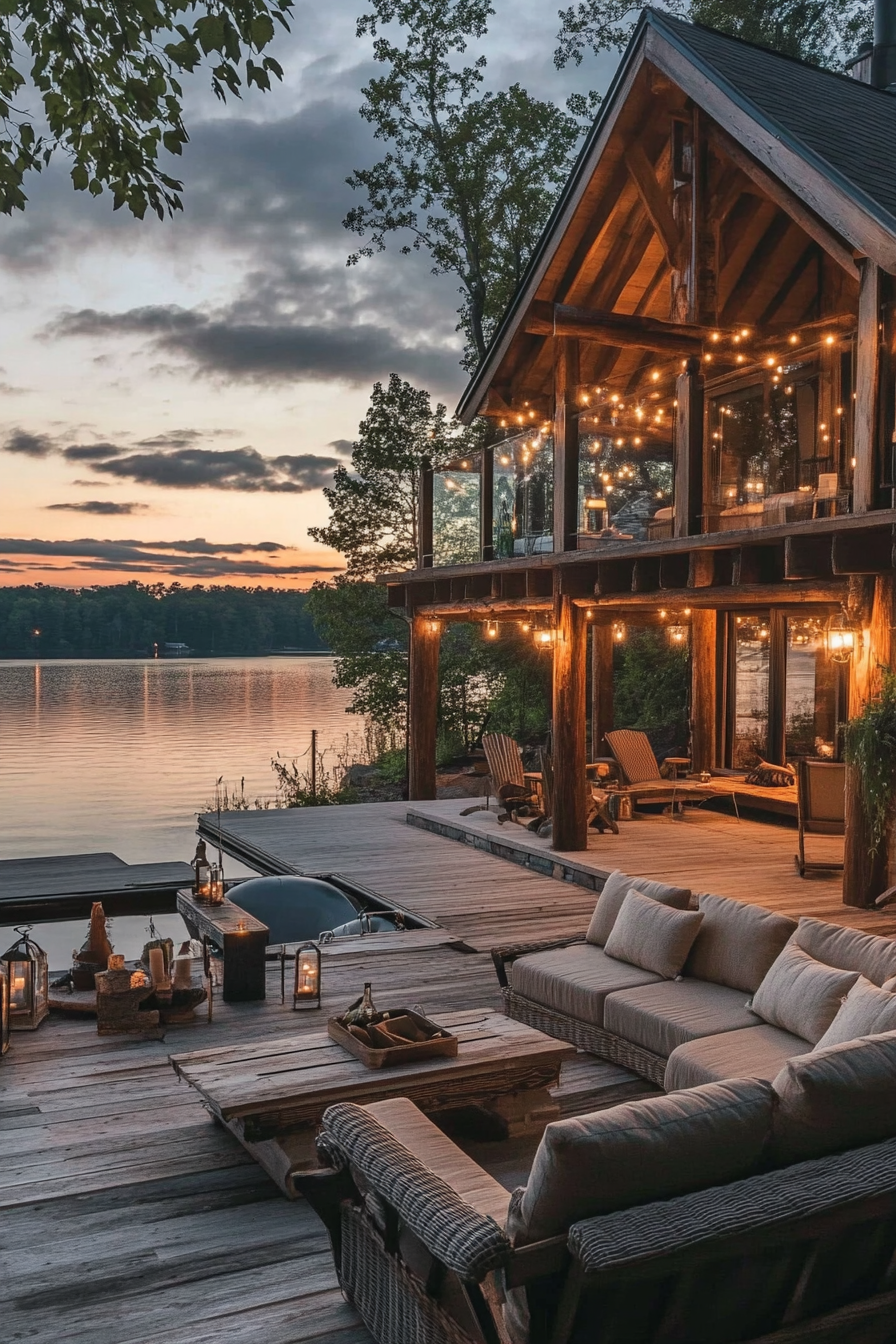 Soft outdoor lake house lighting reflected on the water at sunset — save this relaxing lighting idea for your lakeside retreat.