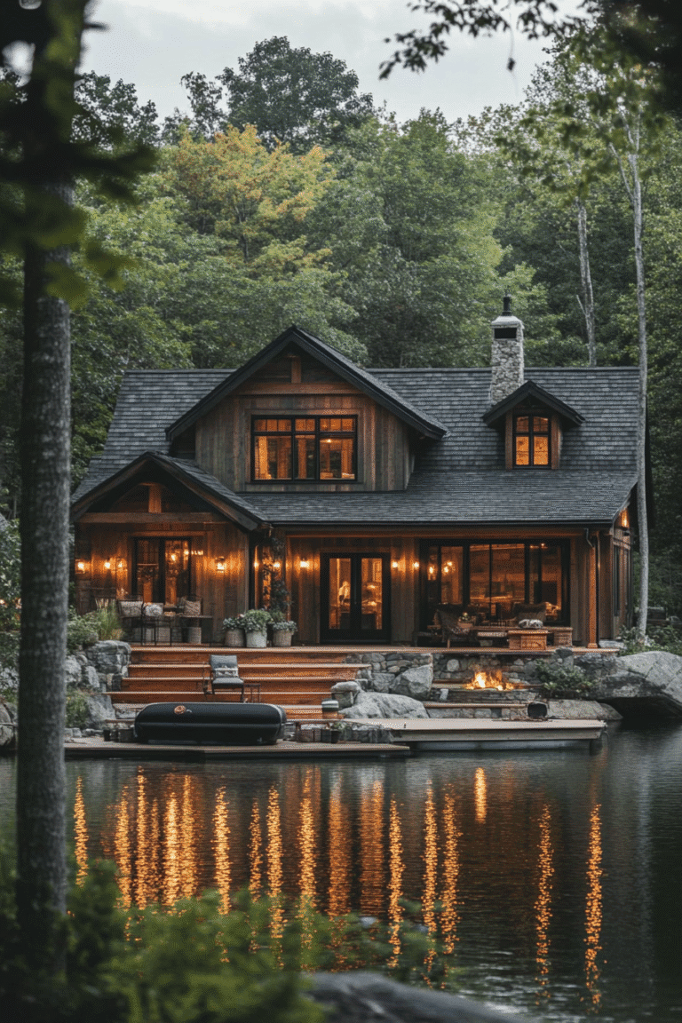 Warm lake house lighting glowing from a cozy wood cabin at dusk — pin this dreamy lake house lighting idea for romantic outdoor inspiration.