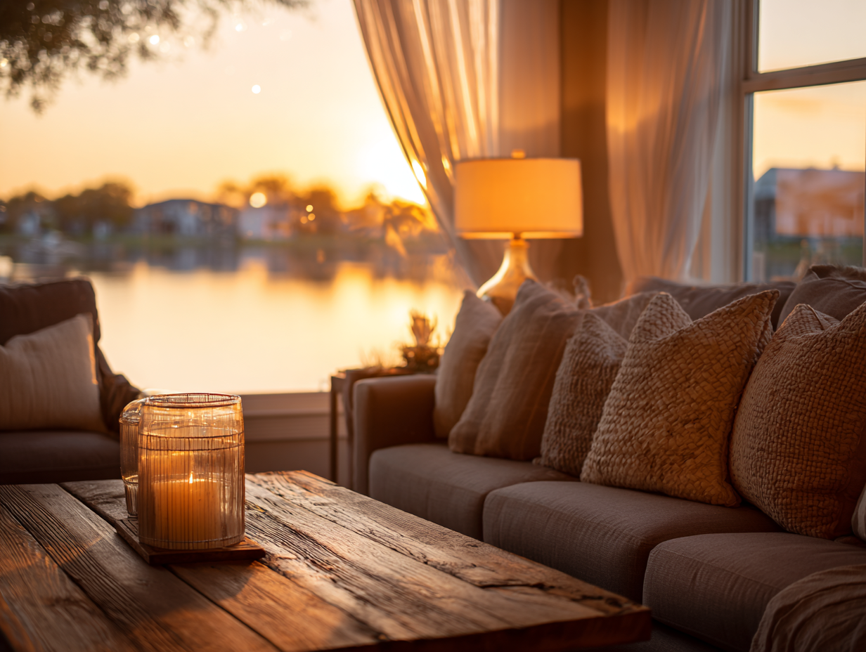 Warm layered lighting in a lake house living room with woven pendant, table lamp, and glowing accent light