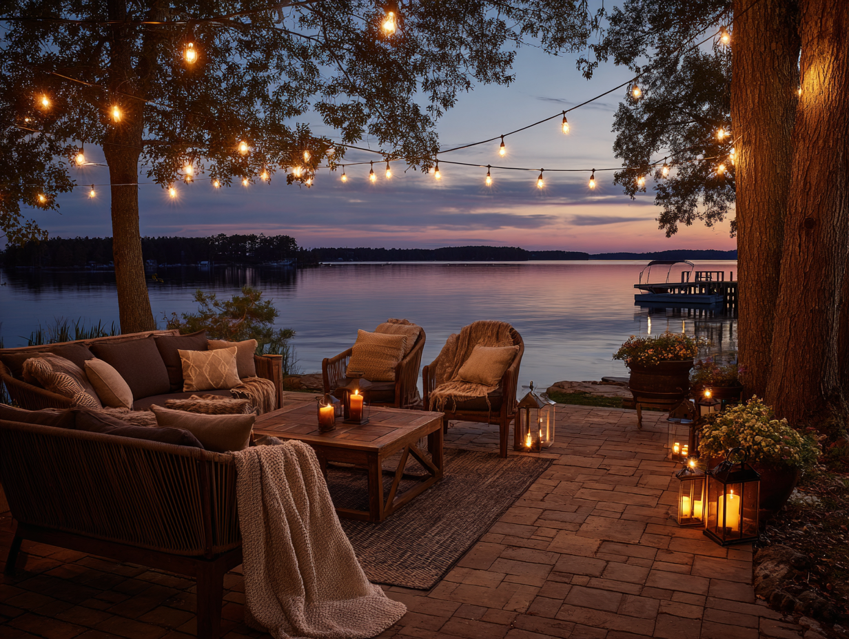 Lakeside deck at twilight with string lights overhead, solar path lights glowing softly, and lanterns casting warm light over a cozy seating area
