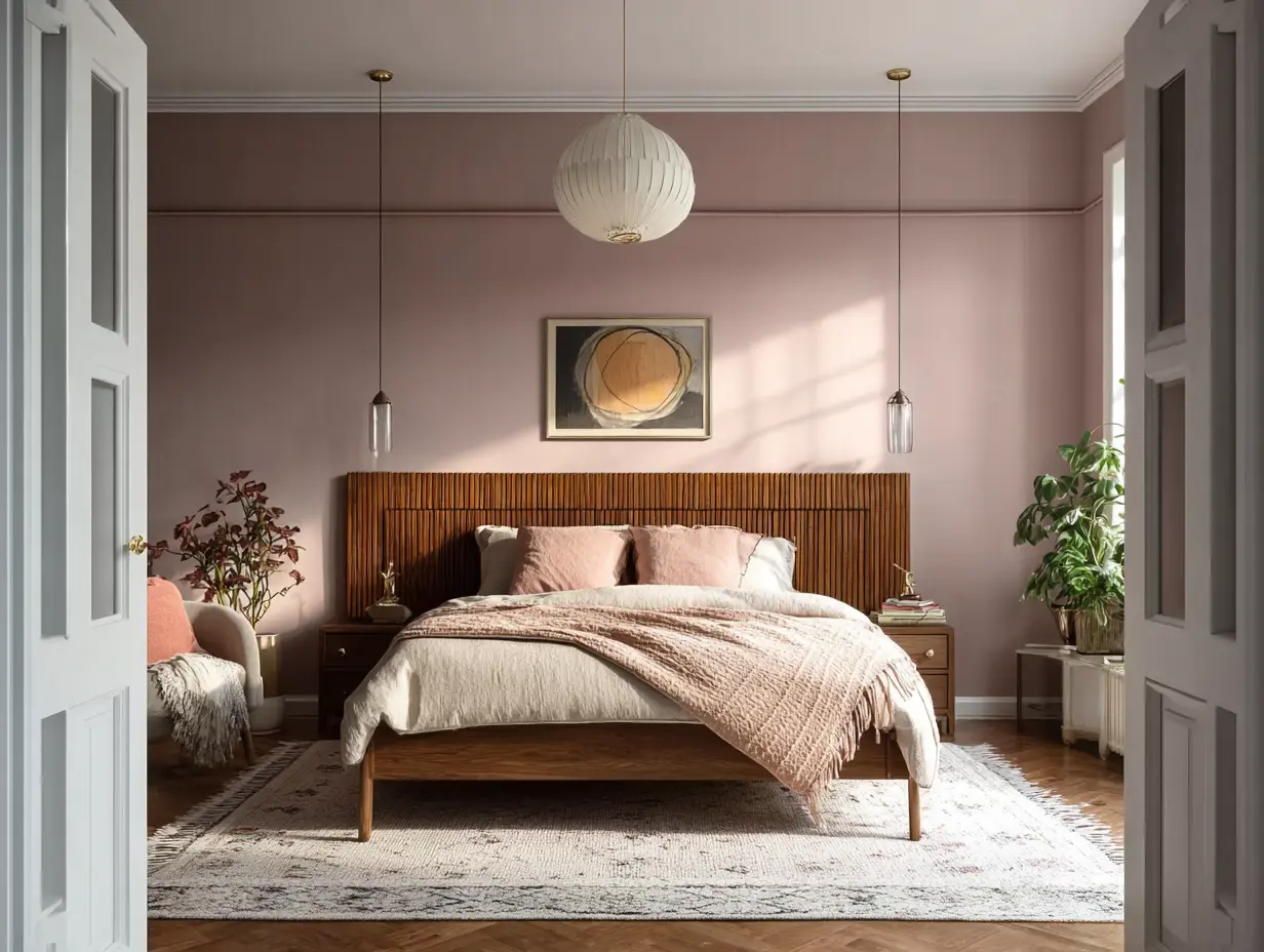 Pale dusty mauve walls, warm wood elements, oversized lighting fixtures, mixed modern materials.