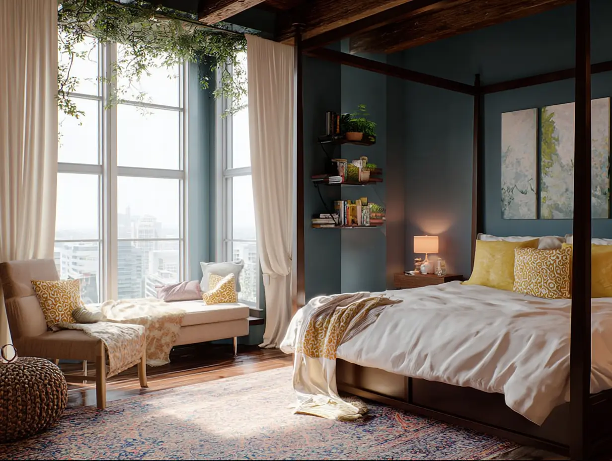Modern bedroom with bold slate-blue walls, large windows draped in white curtains, a four-poster bed layered with white bedding and yellow accent pillows, warm wood flooring, and greenery overhead for a fresh, editorial look.