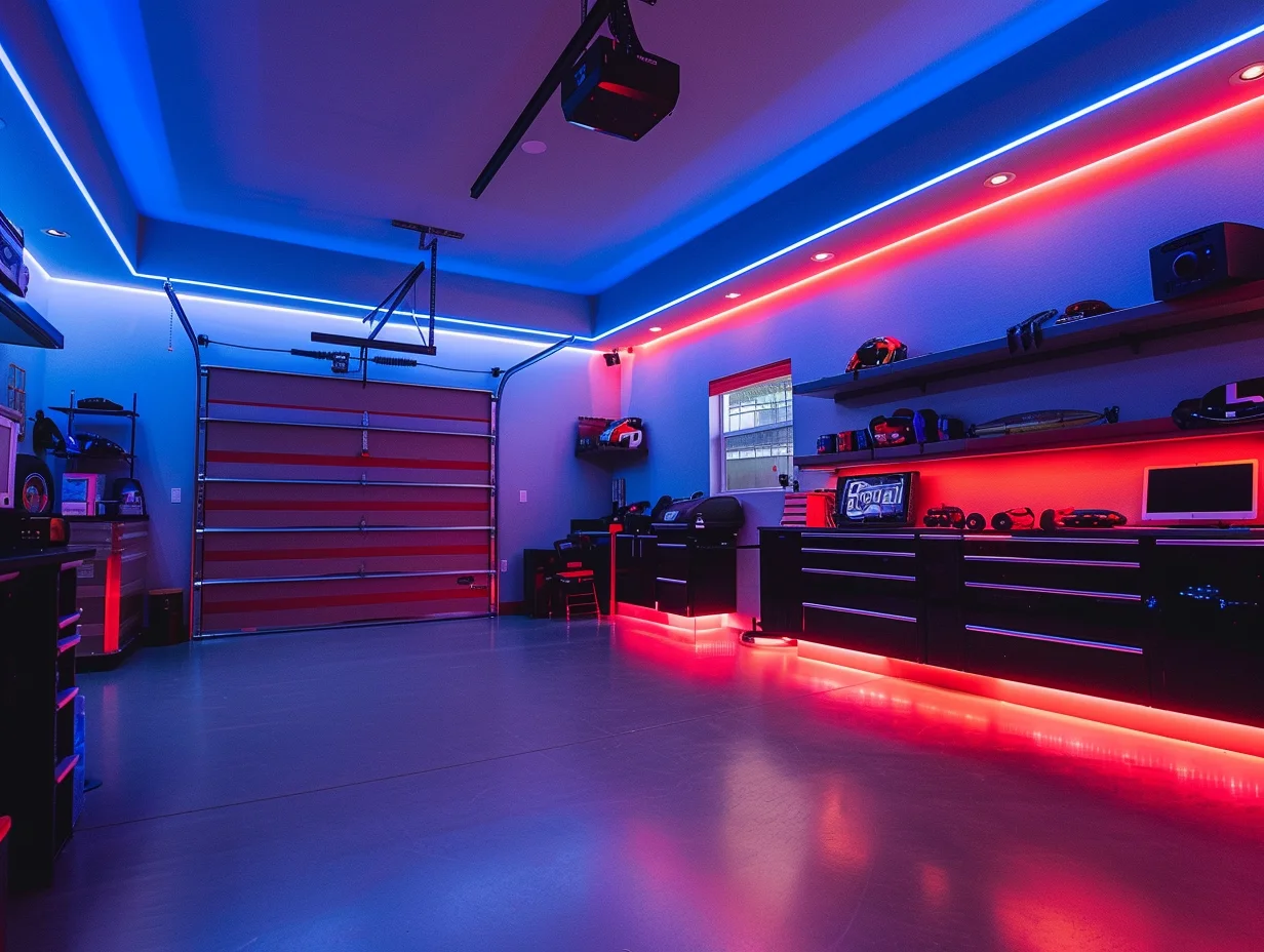 Garage man cave design featuring layered lighting with LED strips and pendant lights - create the perfect ambiance for your space now!