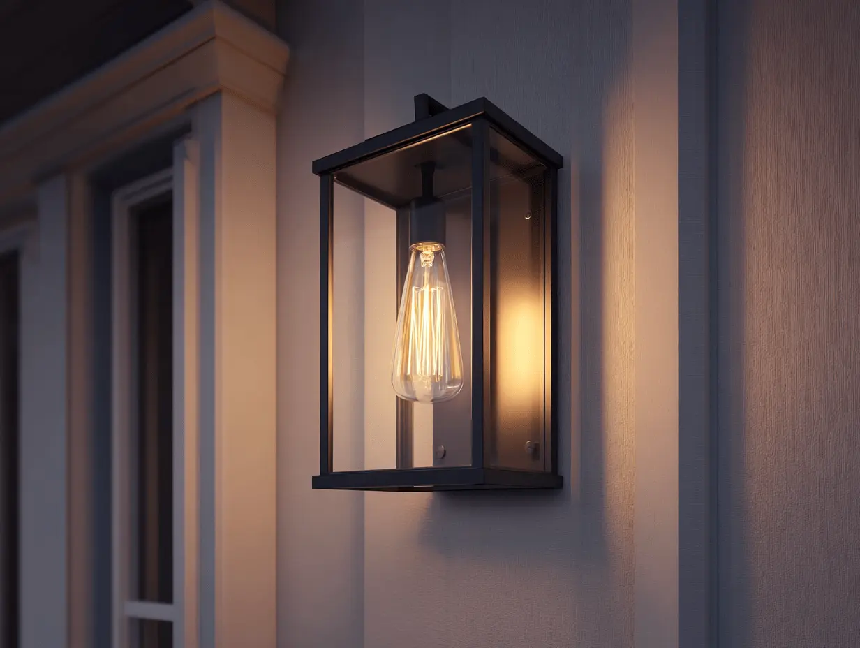 Matte black outdoor wall sconce with clear glass and Edison-style bulb on neutral porch wall