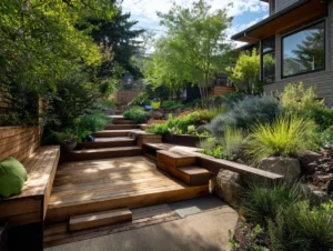 Sloped backyard redesigned with switchback path, tiered wooden decks, and built-in slope seating, surrounded by plants, bold and functional layout