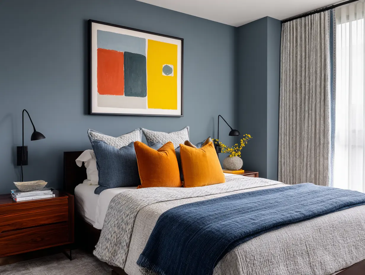 Modern bedroom painted in bold slate blue, clean minimalist layout with layered bedding, blackout curtains, sleek nightstand, bright reading light on dimmer.