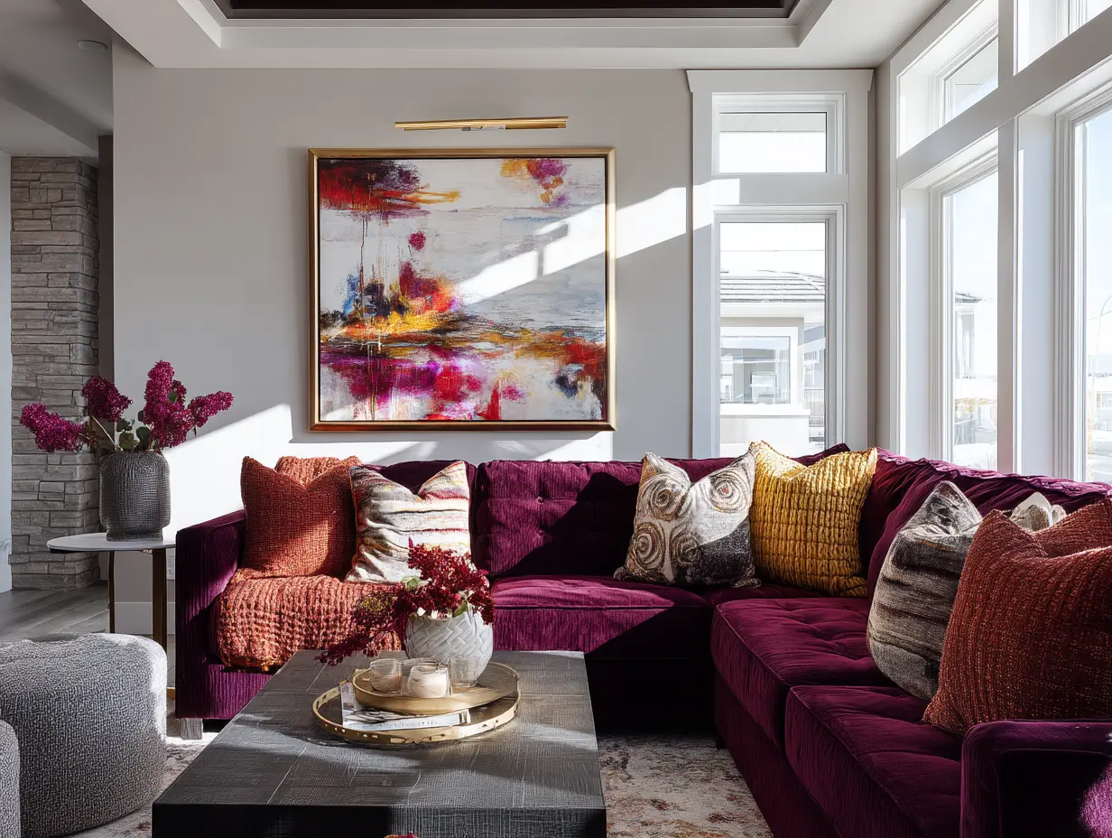 Modern living room with deep plum and rust accents, styled for fall with moody tones and layered fall interior design.