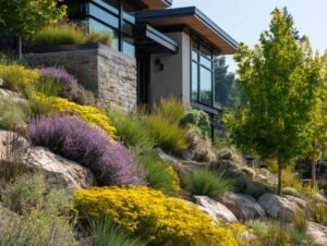 Modern hillside planted with native shrubs, switchgrass, and wild bergamot, layered slope landscaping with bold textures and vibrant colors, bright daylight