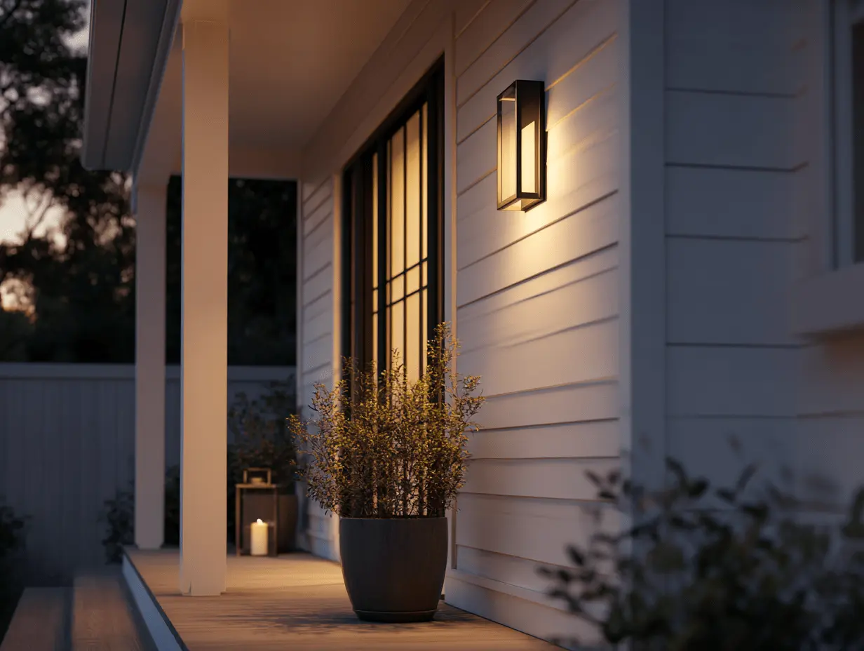 Narrow front porch with compact LED sconce and a potted plant lit from below, creating soft low light and visual height