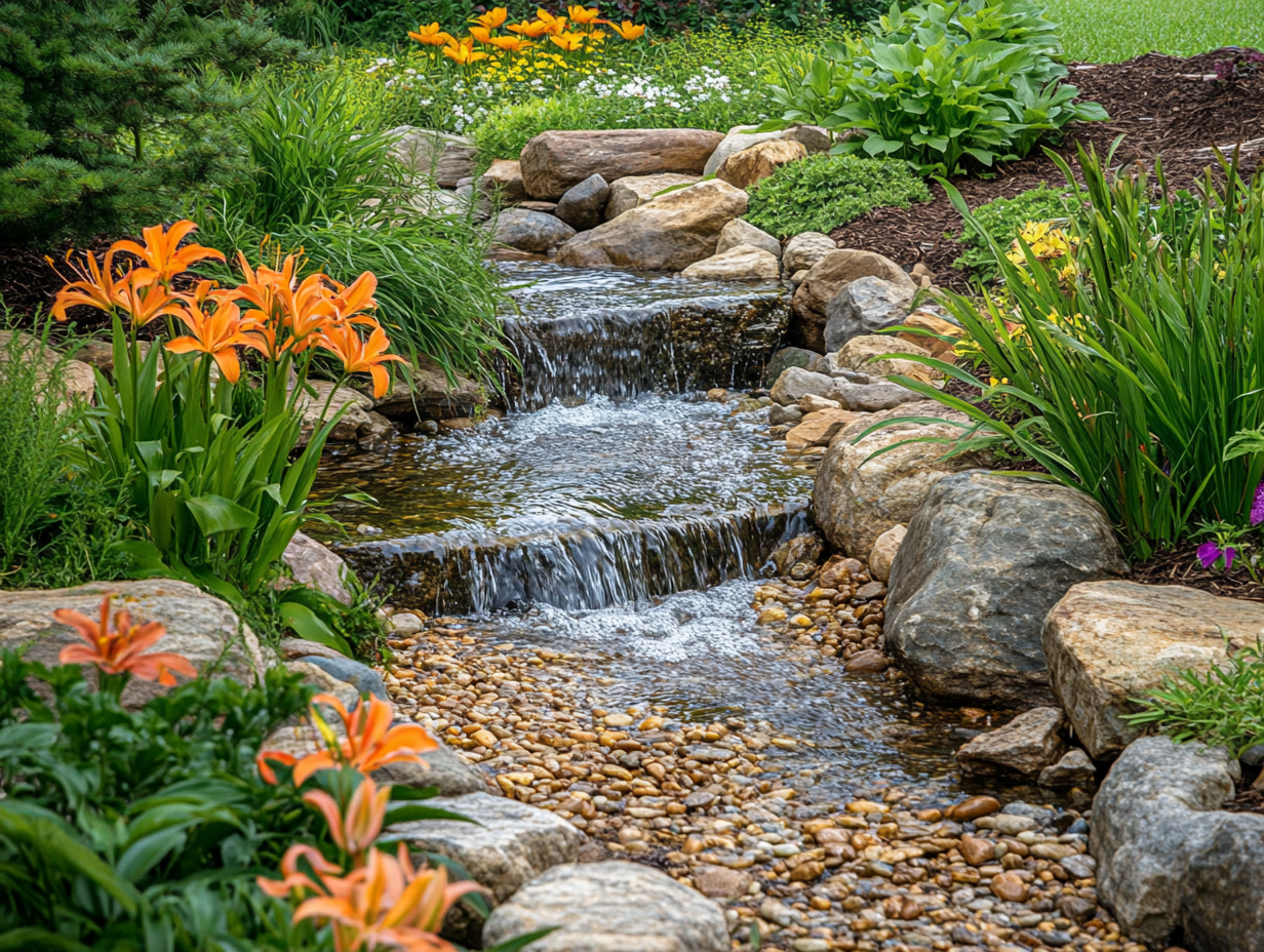 Steep slope landscaping ideas featuring natural water flow management with rain garden and drainage control - work with your hillside's natural patterns