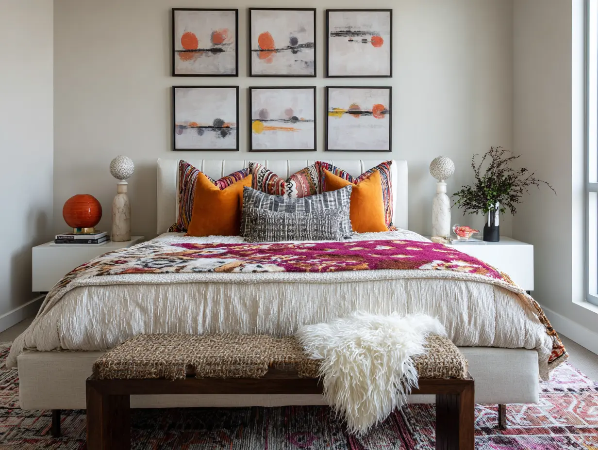 Off-white walls with bold contrast bedding, modern boho textures, graphic rug, layered editorial styling, natural materials with bold color pops.