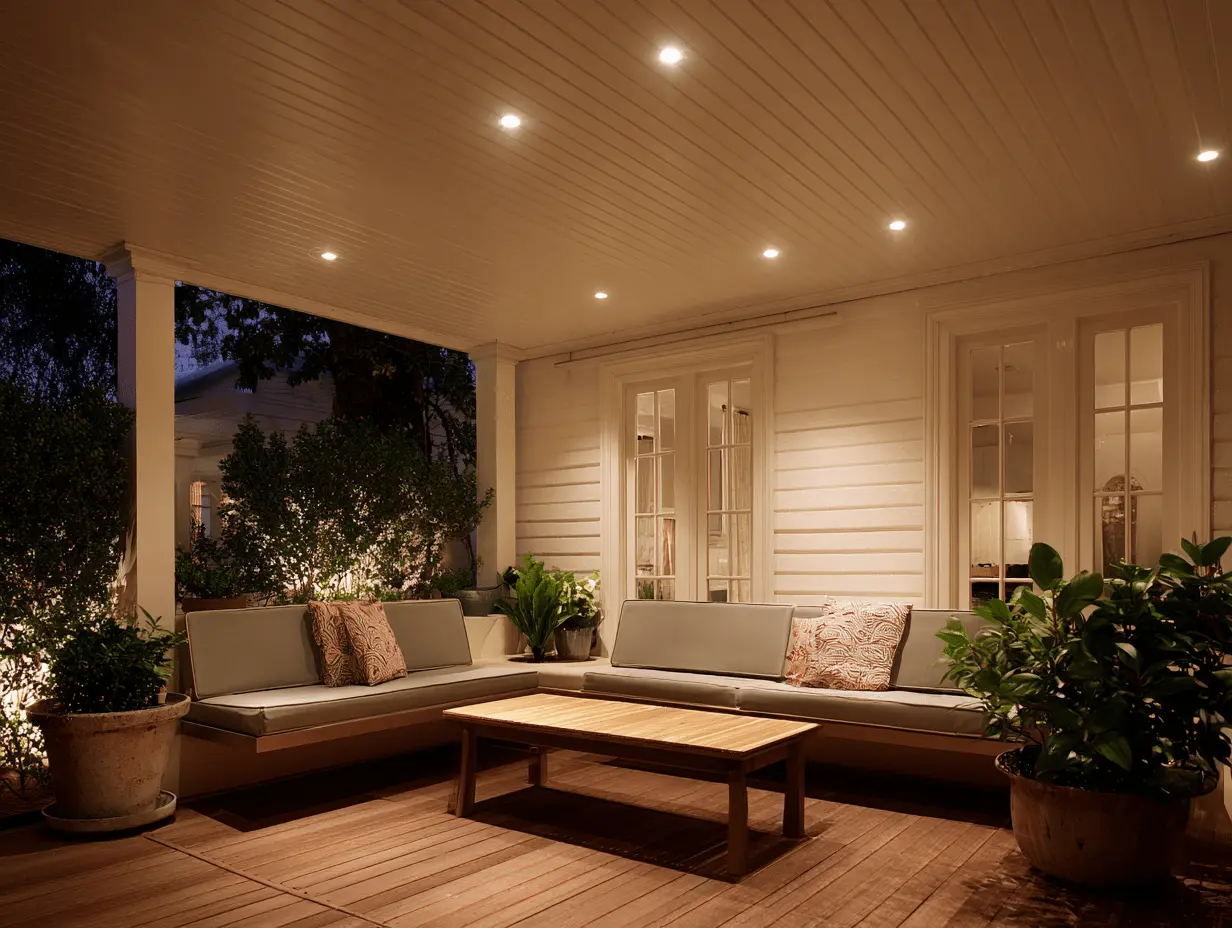 Porch ceiling with recessed LED lights, casting soft glow over seating and planters below