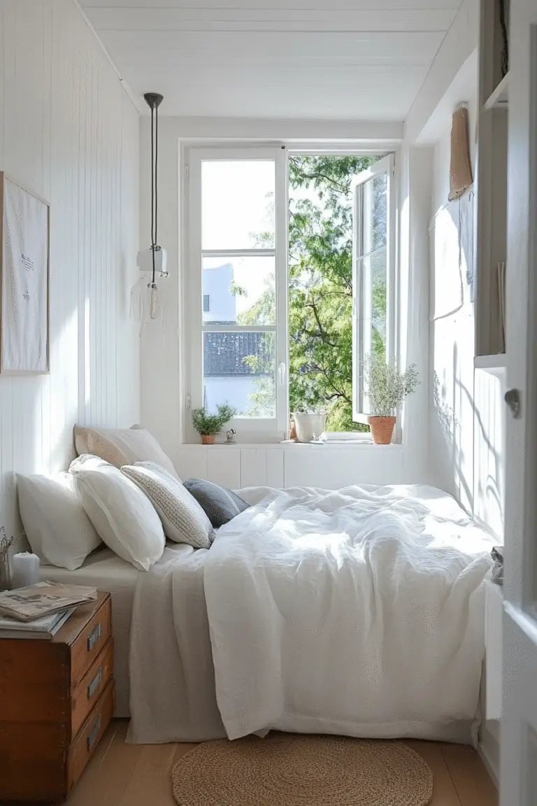 Cozy tiny bedroom ideas with layered neutral bedding, soft lighting, and a calming vibe – Pin this for warm small space inspiration!