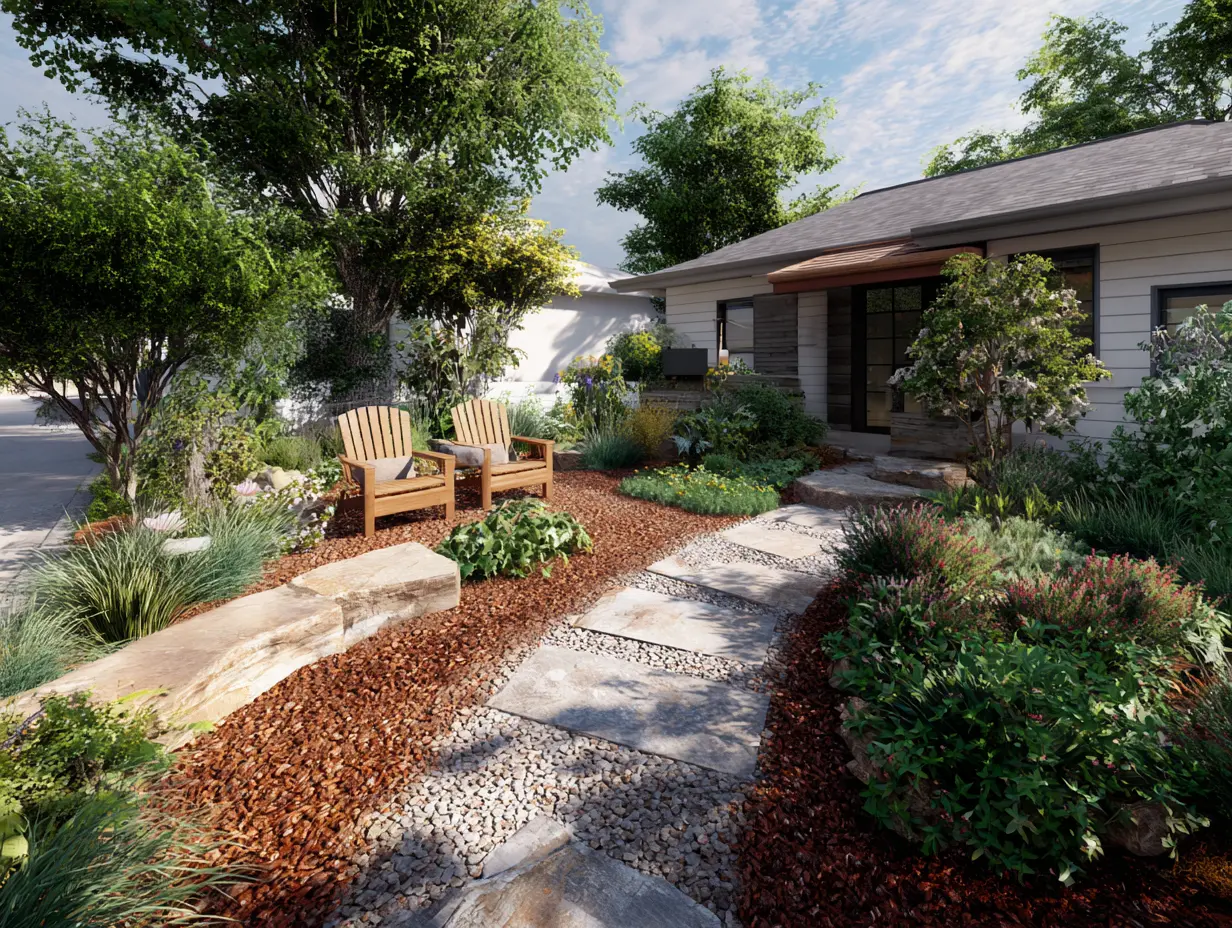 Front yard with defined zones including mulch path, seating area, mailbox garden, and scattered potted plants