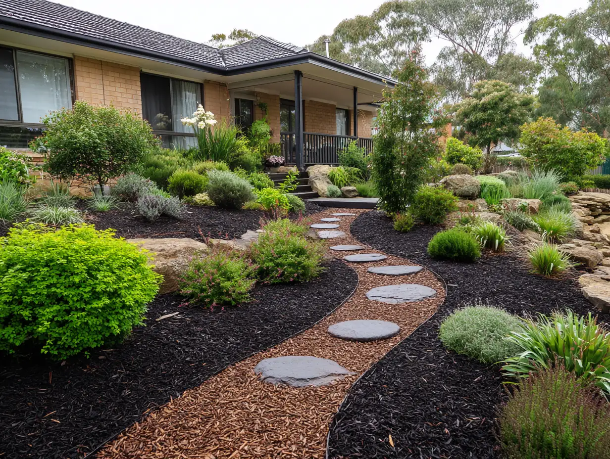Front yard with curved stepping stone path through mulch beds, surrounded by uneven edging, native plants, and a casual, natural layout