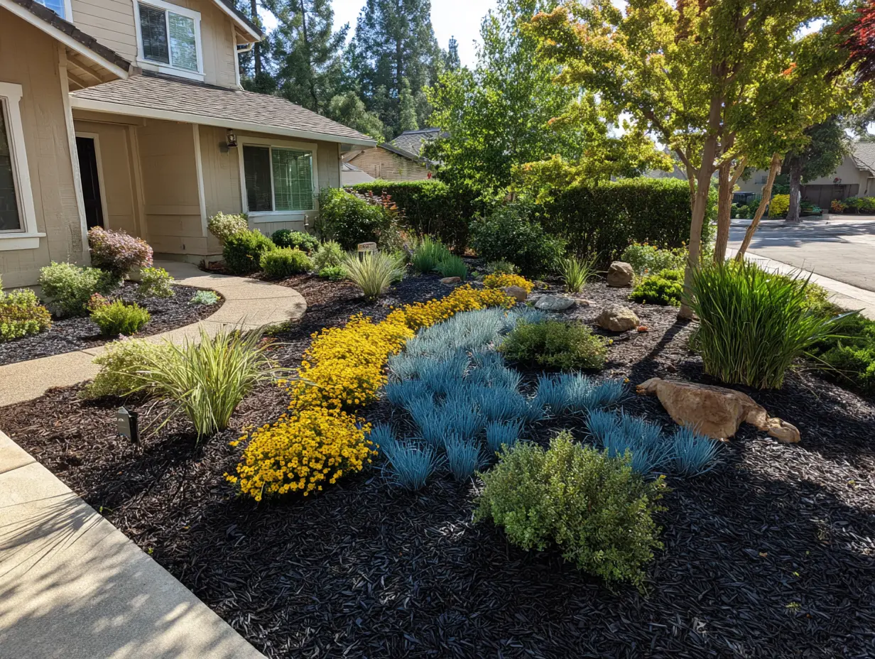 Front yard featuring low-growing blue fescue and yarrow, dark mulch beds, and softly curved planting lines