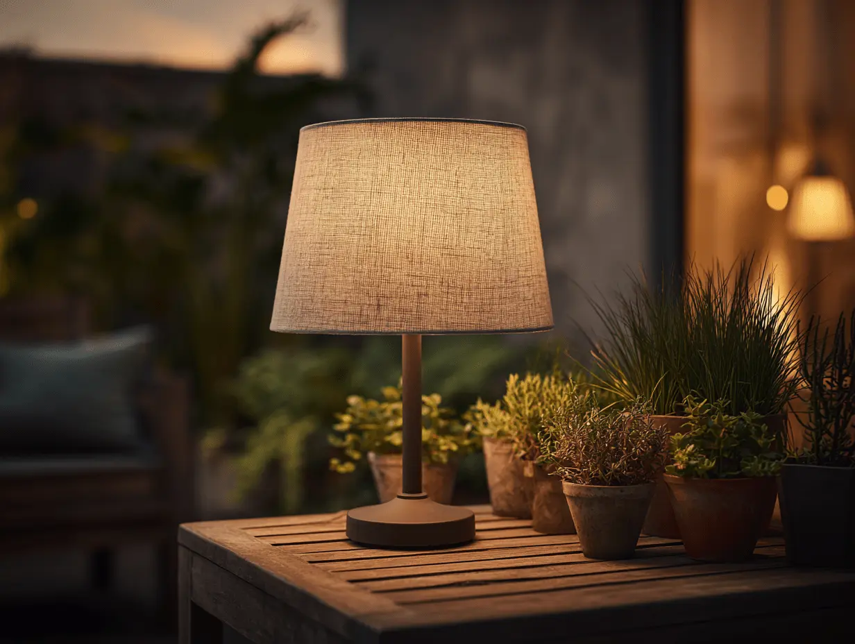Outdoor table lamp with wide linen-style shade, glowing softly on a wooden side table with potted plants