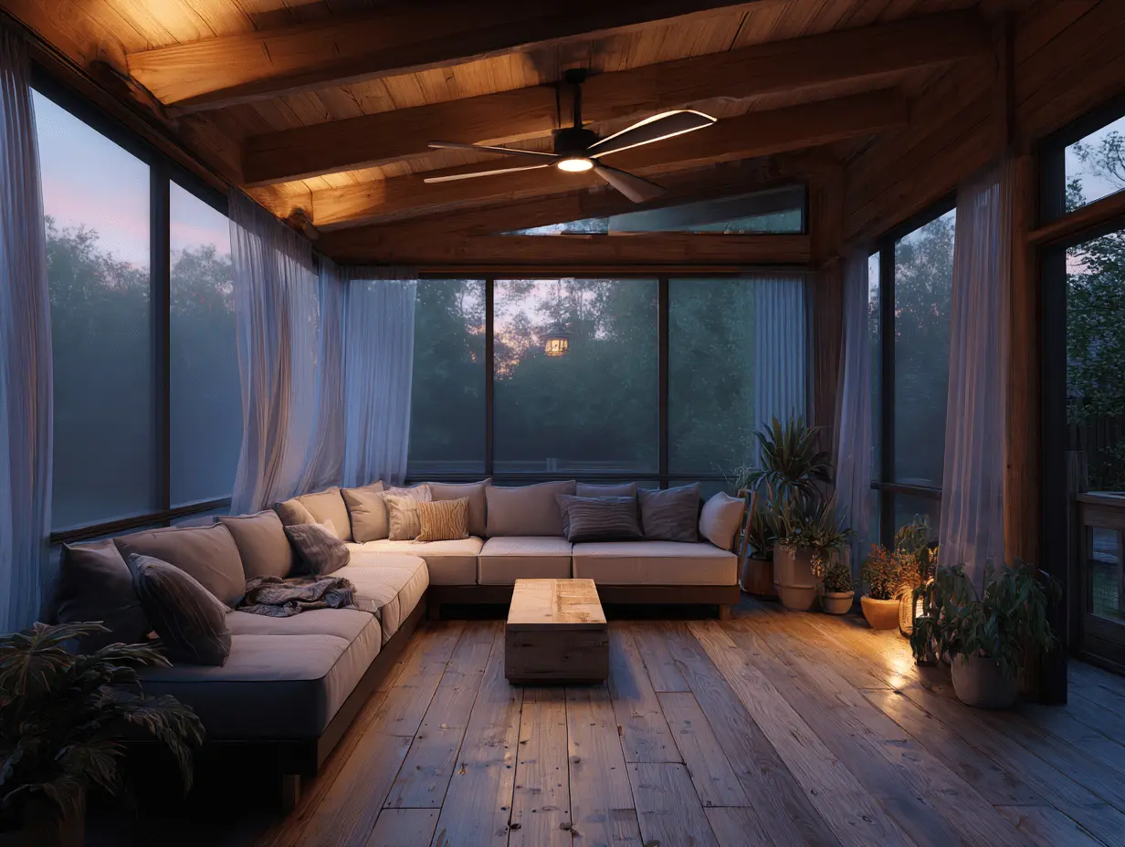 Screened-in porch with modern ceiling fan and soft LED lighting over a cozy seating setup with neutral cushions