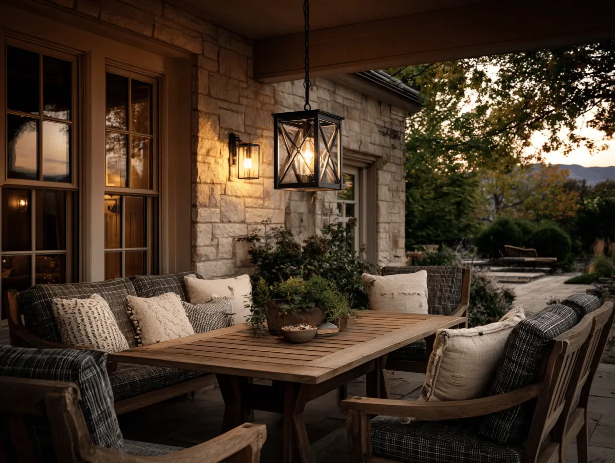 Rustic black hanging porch lantern centered above a small outdoor table with chairs and throw pillows